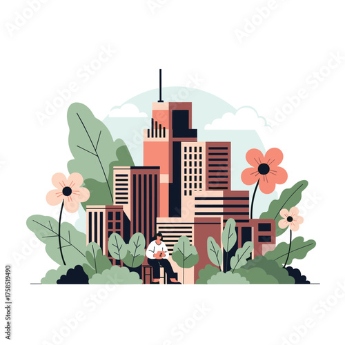 A person sitting peacefully in a park surrounded by tall buildings and blooming flowers.