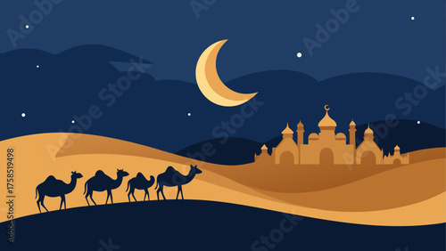 Camels walking in desert at night scene on transparent background silhouette