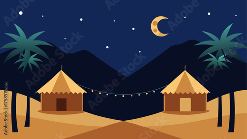Night scene with tents and palm trees art on transparent background silhouette