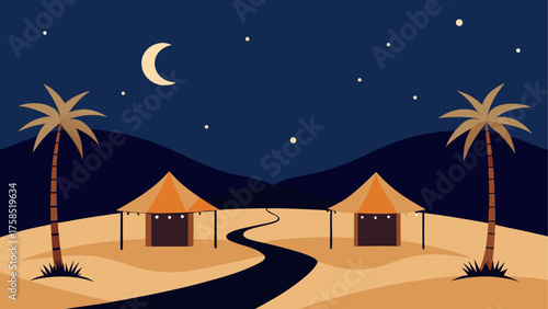 Desert landscape with tents and moon view on transparent background silhouette