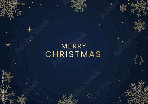 Elegant festive holiday greeting card with golden 'Merry Christmas' text, snowflakes, and stars on a dark navy blue background for seasonal celebrations