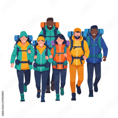 Group of diverse hikers walking together on mountain trail with backpacks and colorful jackets, enjoying the scenic view and fresh air on a bright, sunny day.