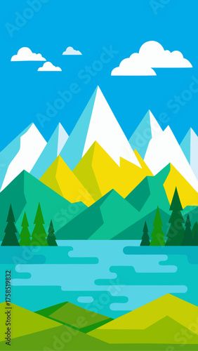 Landscape view of mountains lake and cloudy sky art