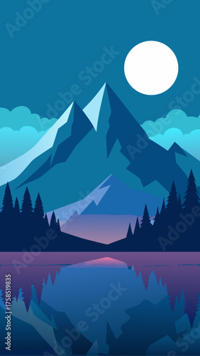 Illustration of mountains trees and moon reflection