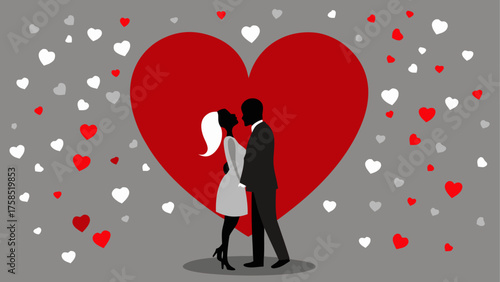 Silhouette couple with hearts background on transparent background
