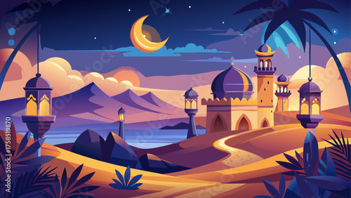 Landscape with mosque and crescent moon art on transparent background silhouette