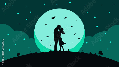 Silhouette couple kissing under moonlight on transparent background