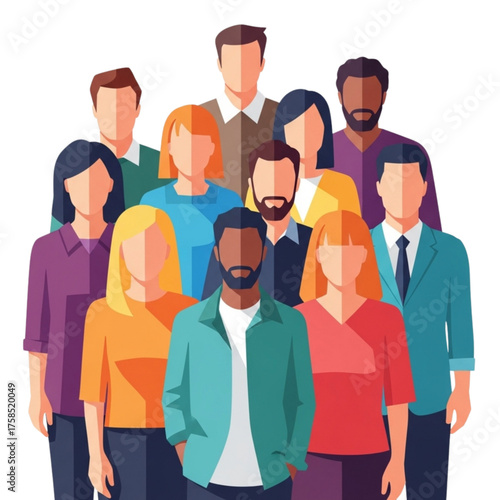 Diverse group of people standing together in a team, representing unity and collaboration in a modern workplace, symbolizing teamwork and community.