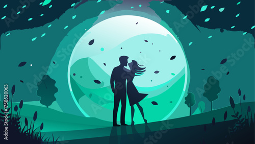Silhouette couple under the moonlight view on transparent background