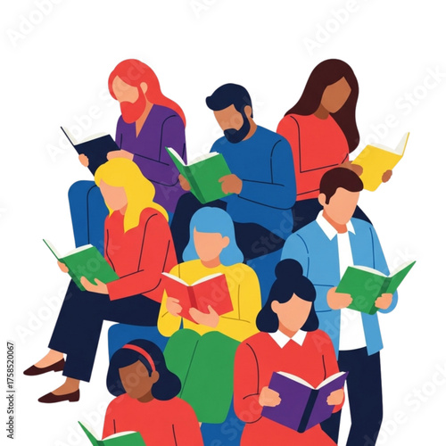 Diverse group of people reading books together in a bright, colorful setting, promoting knowledge and community engagement with a positive and inclusive atmosphere.