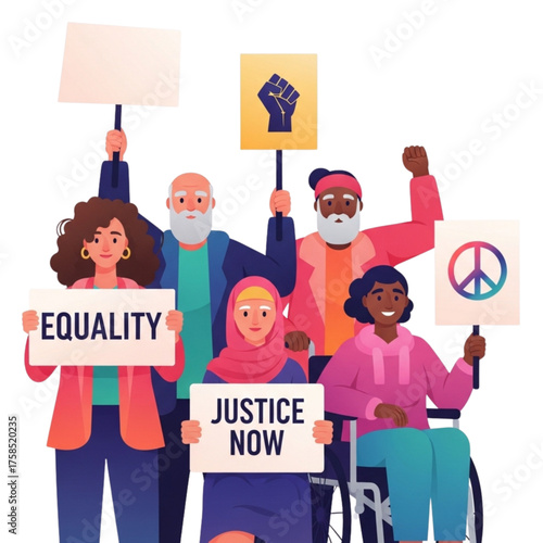 Diverse group of people protesting for equality and justice holding signs in a peaceful demonstration for social change and human rights.