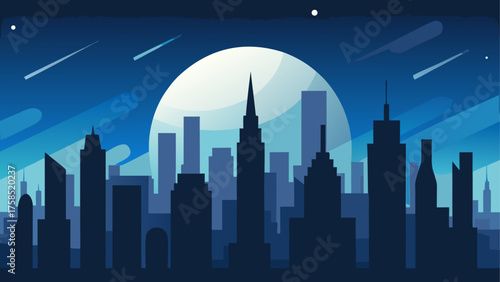 Cityscape silhouette under a moonlit sky