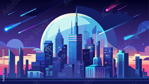 Cityscape with comets and a large moon