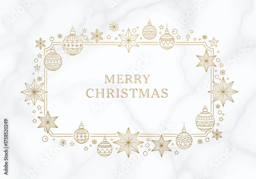 Elegant Merry Christmas Greeting Card with Golden Ornaments and Marble Texture Background