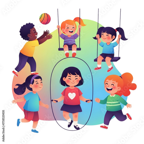 Happy children playing together in colorful playground, enjoying swings, jump rope, and ball games with cheerful smiles and joyful energy.