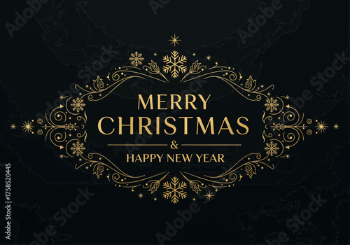 Elegant golden ornate frame with 'Merry Christmas & Happy New Year' text on a dark background, perfect for festive greetings and holiday celebrations