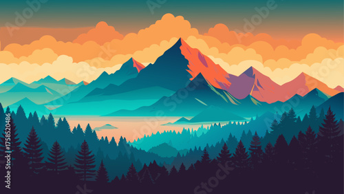 Mountains and trees landscape illustration