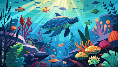 Sea turtle swimming in ocean with coral