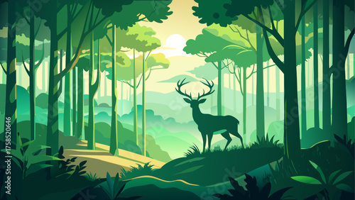 Silhouette deer standing in green forest