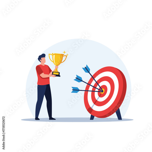 A person holding a golden trophy next to a target with arrows hitting the bullseye.