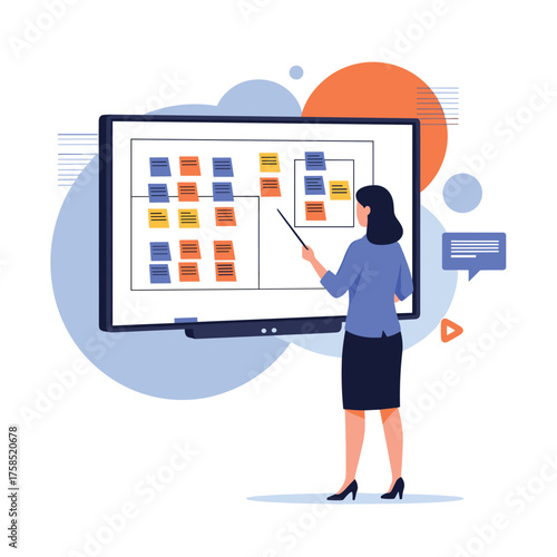 A woman pointing at a whiteboard with sticky notes on it depicting a strategy.