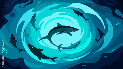 Sharks circling in deep ocean waterscape