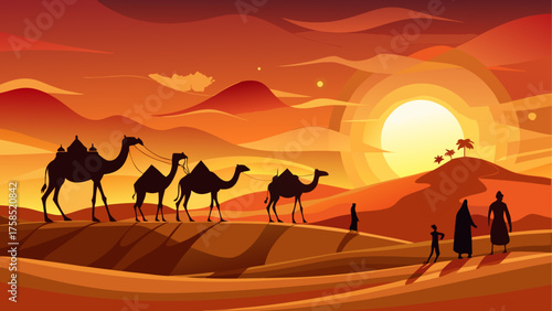 Camels and people walking in the desert sun
