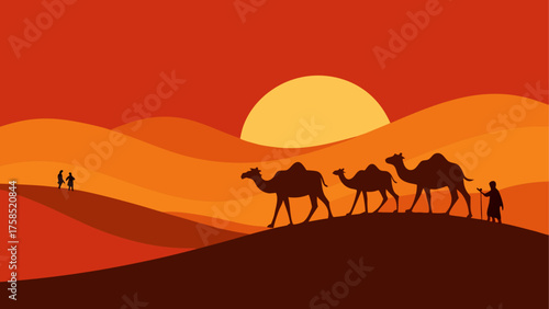 Camels walking through desert at sunset
