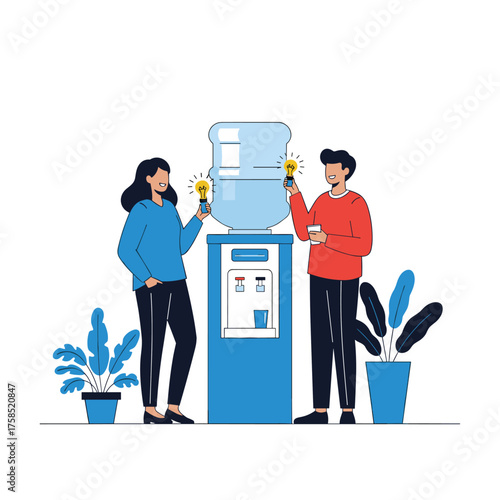 Two colleagues sharing innovative ideas at a water cooler in the office.