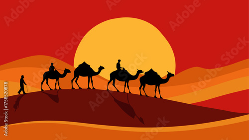 Caravan of camels in the desert at sunset