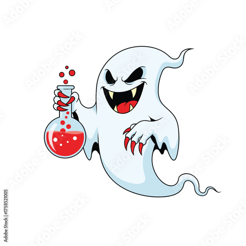 An evil spectral entity holding a bubbling flask with red liquid and sharp claws.