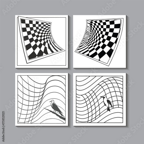 Warped Checkerboard Optical Vector in Black and White.