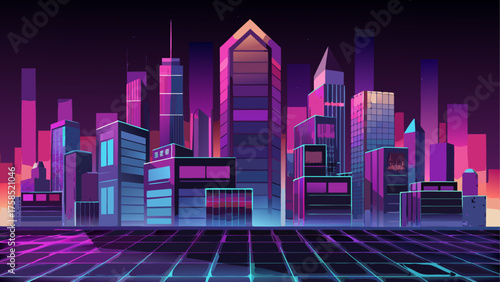 Retro cityscape with glowing grid floor