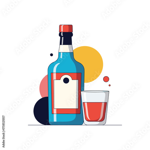 A colorful illustration of a blue liquor bottle next to a shot glass.