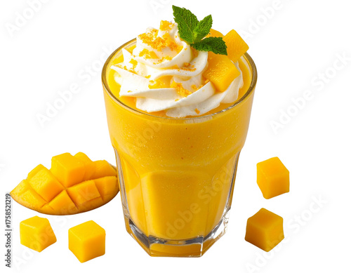Mango Smoothie Glass with Whipped Cream and Mango Cubes, Top View, Transparent Background