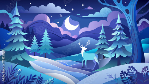 Deer standing in a winter night forest