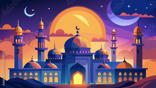 Illustration of a mosque at night time