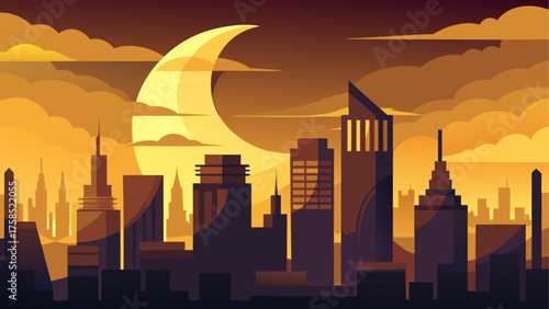 Cityscape silhouette with crescent moon art