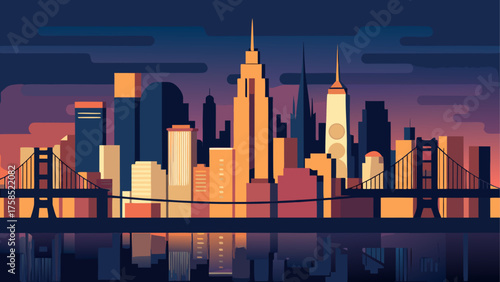 Stylized cityscape with bridge reflection