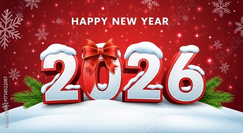 Happy New Year 2026 greeting card with 3D text covered in snow, a red gift bow, and fir branches on a festive winter background.