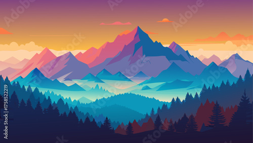 Colorful mountain range with forest view