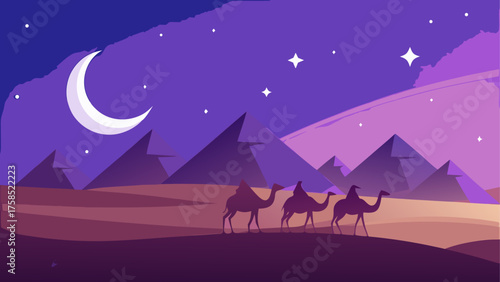 Camels in desert under moonlit sky art