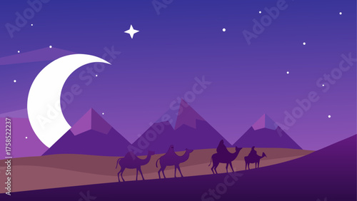 Camels walking through the desert at night