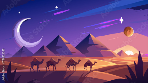 Camels walking near pyramids at twilight