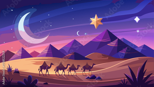 Camels walking through desert at night sky