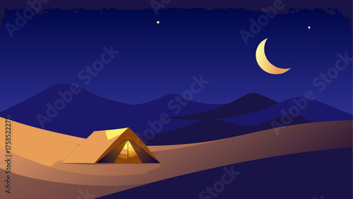 Tent under moon and stars in night scene
