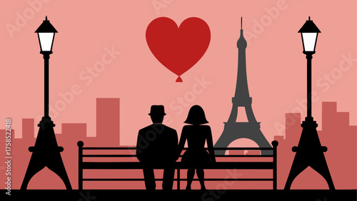Couple sitting on bench in paris scene