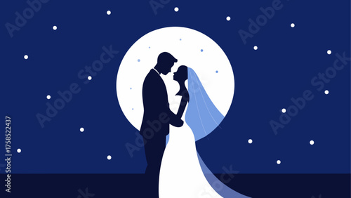 Silhouette couple wedding night with moon