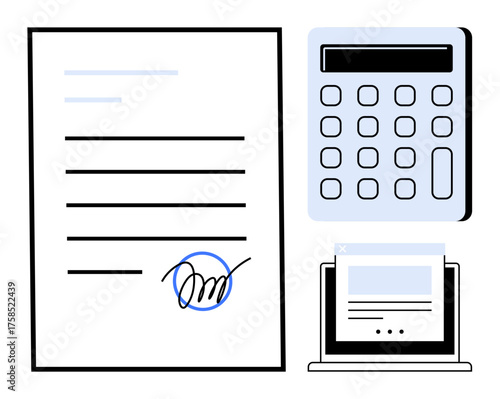 Document with signature, calculator, and open laptop browser window representing contracts, online finance. Ideal for business, accounting, agreements, legal services, tax negotiation simple flat