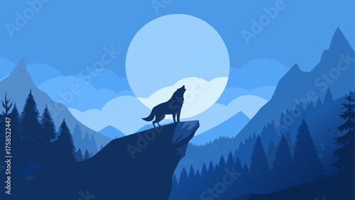 Silhouette of wolf howling at the full moon